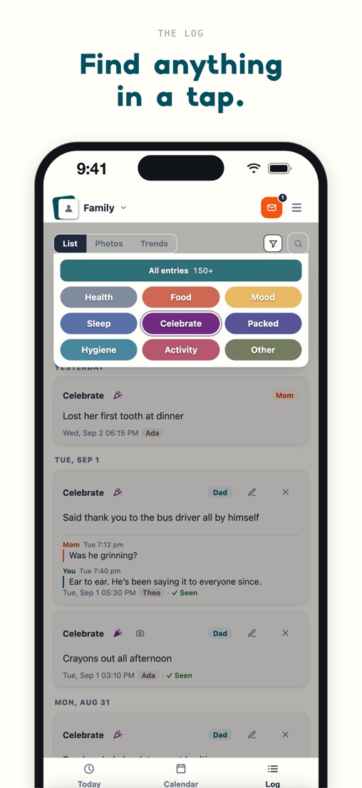 Find anything in a tap: the log’s category drawer open with Celebrate picked; below, Mom’s note that Ada lost her first tooth, Dad’s entries marked Seen, and Mom asking whether Theo was grinning after thanking the bus driver