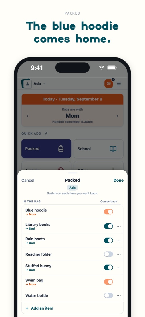 The blue hoodie comes home: Ada’s Packed list, opened from its Quick Add tile, with the things each parent wants back switched on
