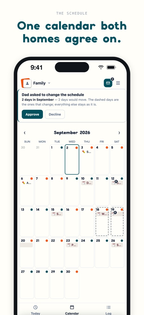 One calendar both homes agree on: a schedule change waiting for the other parent to approve or decline